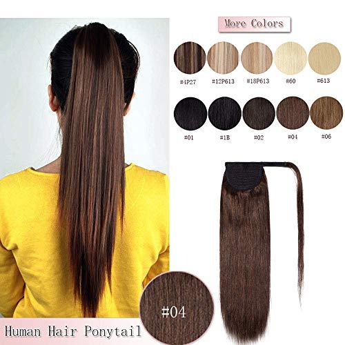 100% Remy Human Hair Ponytail Extension One Piece Wrap Around Hairpiece With Clip in Comb Binding Pony Tail Extension For Girl Lady Women Long Straight #4 Medium Brown 16'' 80g