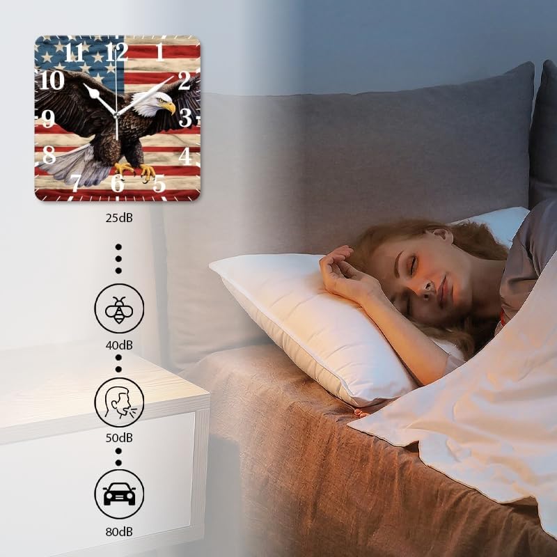 Battery Operated Square Wall Clock Non-Ticking Silent Analog Clcoks Decorative for Living Room,Office,Kitchen-Bald Eagle in Front of The American Flag(16inch)