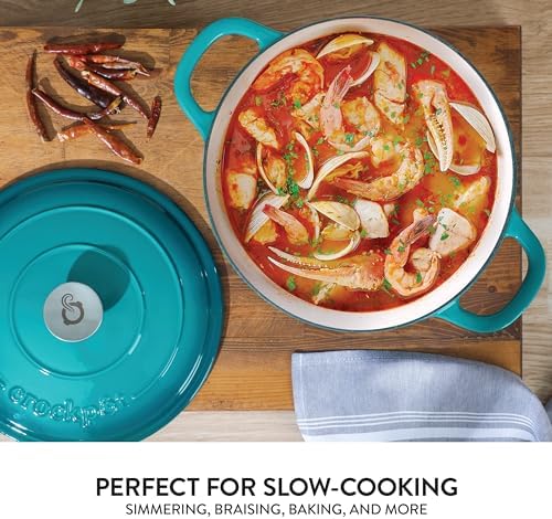 Crock Pot Artisan 6-Quart Round European Enameled Cast Iron Dutch Oven Pot With Lid -Teal Ombre - Thumbnail 3