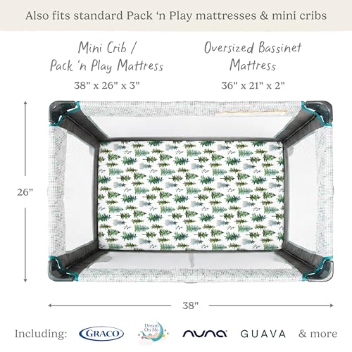 Image of Pack and Play Sheets Fitted, Mini Crib Sheets for Graco Pack N Play Playard (38x26), Ultra Soft Organic Cotton Blend, Safe & Snug Playpen Mattress Sheet for Baby Boys & Girls - Starry Woodland, 2-Pack