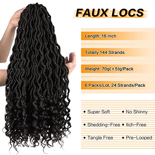 PEACOCO Faux Locs Crochet Hair, 6Pcs/Lot Goddess Locs Hair With Curly Ends 16 Inch Deep Wave Braiding Hair Synthetic Braiding Hair Extension (1B)