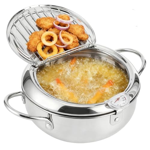 Pentola per friggitrice in stile giapponese, pentola per friggitrice tempura giapponese con termometro, piccola pentola in acciaio inossidabile con coperchio e scolapiatti per cucina, campeggio,20 cm