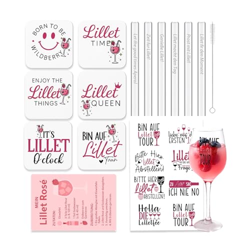 XIAZHDZ Lillet Geschenkset – 6er Set Filz Untersetzer & 6 Glas-Trinkhalme mit Bürste Cocktailkarte abziehbarer Glassticker – Perfektes Geschenkset für Frauen & Lillet Fans