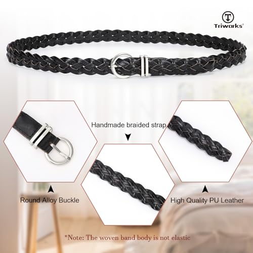 2 Pack Women's Leather Braided Skinny Belts Woven Thin Waist Belts for Jeans Pants Dresses, K-black+brown-silver Buckle3