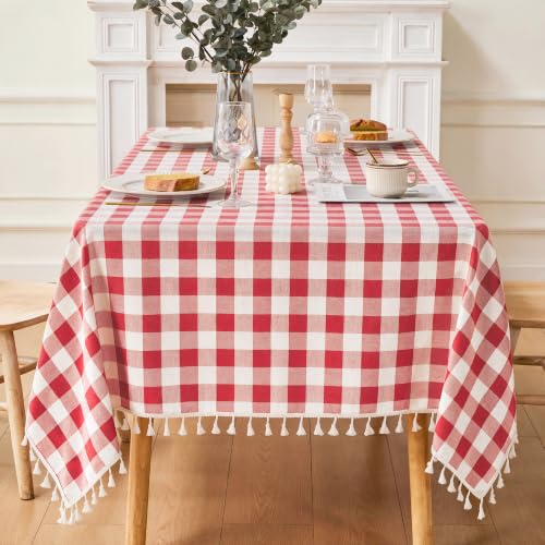 JIALE Gingham Tablecloth Square Cotton Linen Fabric Checkered Table Cloth with Tassel Washable Wrinkle Free Buffalo Plaid Table Cover for Outdoor Party Picnic Kitchen Dining, Red, 55x106