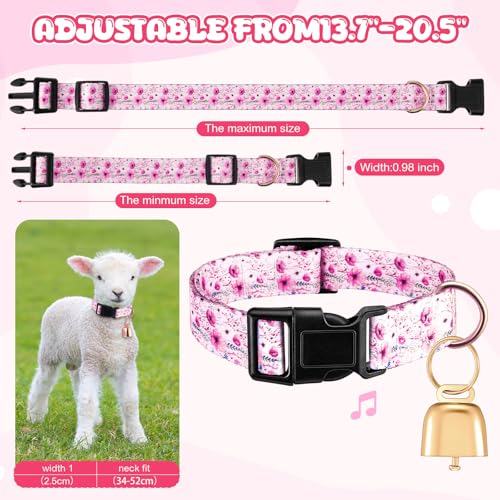 Image of Goat Collar with Bell, Sheep Grazing Copper Bells and Adjustable Nylon Collar Set Loud Bronze Bell for Summer Small Farm Animal Sheep Cow Dog Accessories Gift(Pink Rose)