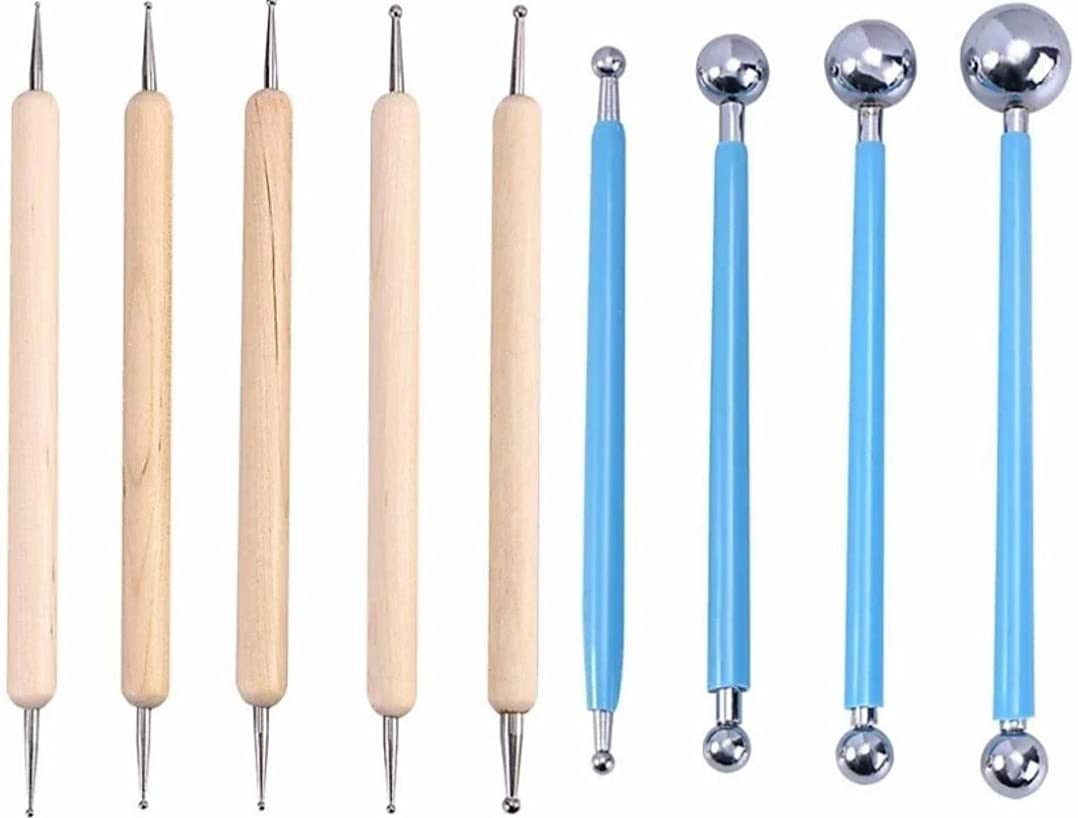 Pehrovin Ventures Ball Tools/Fondant Tools(Set of 4 Double Ended Tools) + Wooden Dotting Tools/Nail Art Tools(Set of 5 Double Ended Tools) for Clay Art, Nail Art, Pottery, Fondant Decoration/Making