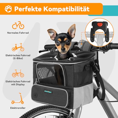 DAISTERN Hundekorb Fahrrad Vorne bis 3KG, Hundefahrradkorb mit Montagehalter Φ53mm, Rucksack Schultertasche Autositz mit Atmungsaktives Netzfenster, wasserdichtes Sitzkissen für kleine Hunde