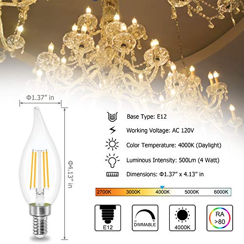 Sailstar Dimmable Led Candelabra Bulbs,60W Equivalent,4000K Daylight White,4 Watt Chandelier Light Bulb,Led Edison Bulb,E12 Base Filament Flame Tip,500 Lumen,6 Pack #TOP1