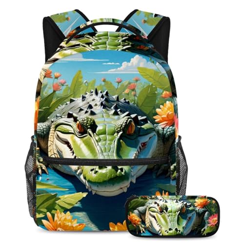 Sac à dos et trousse imprimé crocodile et fleur multicolore