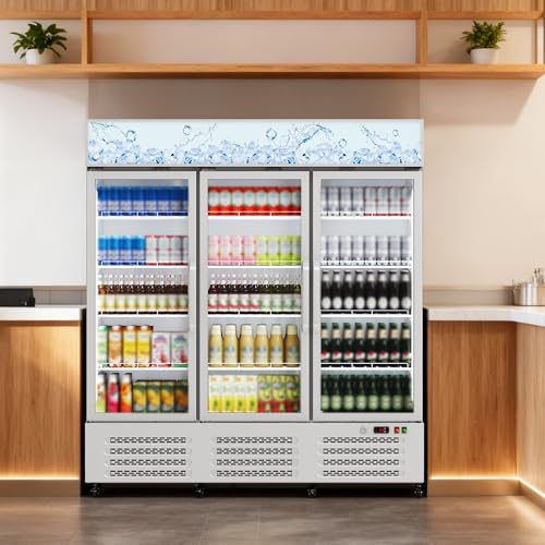 Image of 290 Gallon Three-Door Display Beverage Refrigerator with Lightbox, Metal Sheet Commercial Refrigerator with Adjustable Shelves, Locking Casters for Restaurants, Bars, and Retail Stores, White