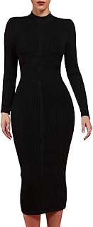 Sponsored Ad - whoinshop Women's Cross Strap Ribbed Bandage Long Sleeve Midi Fall Winter Bodycon Party Dress