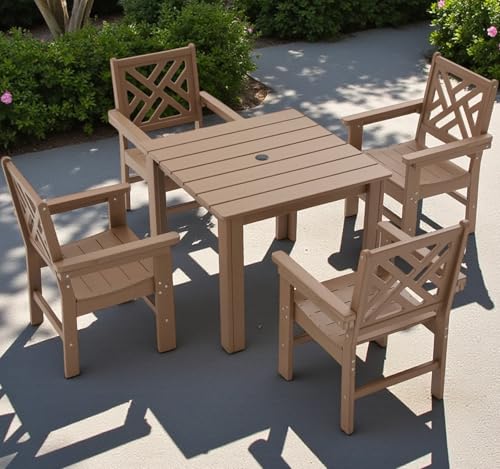 HDPE Outdoor Dining Set,5-Piece Outdoor Table and Chairs Include 4 Armchair Chairs and 35.5" Square Patio Dining Table with Umbrella Hole (Brown)