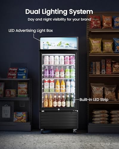 Image of 6 Cu.Ft Commercial Display Fridge with LED Lightbox & Glass Door | Glass Door Beverage Cooler, Adjustable Shelves, for Bar Cafe Shop, ETL Certified, Energy Efficient, with Lock & Casters