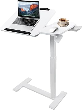 Height-Adjustable Bedside Table with 60 Tilt Panel and Drawers, Bedside Sofa-Side Table On Wheels, Suitable for Use in Bed, On The Sofa Or in The Office White