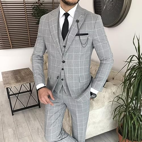 HUUTOE Mens Plaid Suit Checkered 3 Piece Slim Fit Wedding Formal Prom Party Vintage Blazer Jacket Vest Pants Suits Set3