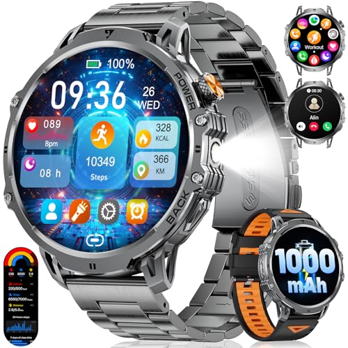 Military Smart Watch for Men with 1000mAh Battery, 1,85" HD Large Display Flashlight Fitness Tracker, IP68 Waterproof Smartwatch with Answer/Make Calls, 120 Sports Modes for Android iOS