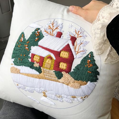 Image of FONNUY Christmas Embroidery Kit for Beginners, Throw Pillow Case Cross Stitch Set Winter Snow House Holly Tree Pattern for Adults, Hand Works Crafts Throw Pillow Cover, 18 x 18'' (White)