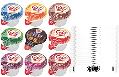 Coffee mate Liquid Creamer Singles 9 Flavor Variety Pack, Includes Original, French Vanilla, Hazelnut, Snickers, Italian Sweet CrÃ¨me (Pack of 45) With By the Cup Sugar Packets