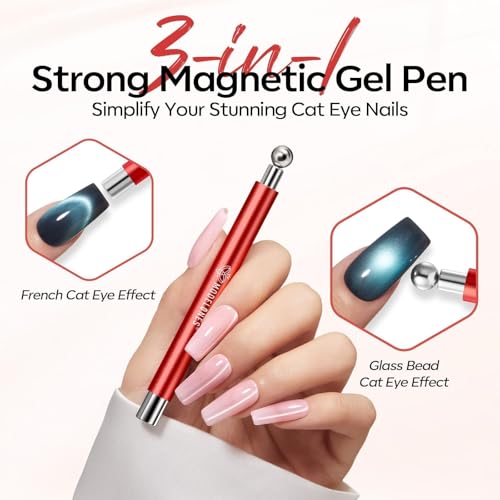 Image of modelones Cat Eye Magnet Set, 5PCS 3-in-1 Dual-Head Nail Magnet Pen with Heart, Lightning & Ball Shapes for Cateye Gel Polish, Side Light Wide Light Glass Glow Effects, DIY Nail Art Tool