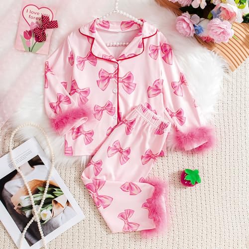 Satin Silk 𝐏ajamas Set for Kids Girls Bowknot Button Long Sleeve Lightweight 𝗦leepwear Elastic Waist Pants Set3
