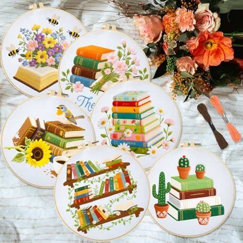 Image of INFUNLY 6 PCS Book and Flower Embroidery Kits for Beginners DIY Cross Stitch Starter Sets for Adults with Instructions Book Cacti Pattern Birds Needlepoint Kits with Embroidery Cloth Hoops Tools
