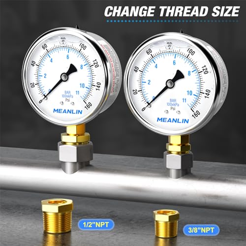 Image of MEANLIN MEASURE 0~160Psi Stainless Steel 1 /4 inch NPT 2.5 inch FACE DIAL Liquid Filled Pressure Gauge WOG Water Oil Air Lower Mount, with 1 /2 inch NPT and 3 /8 inch NPT Hex Bushing