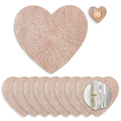 Lot de 16 Sets de Table et Dessous de Verre en Forme de cœur en PVC imperméable pour fête, Cuisine, Salle à Manger