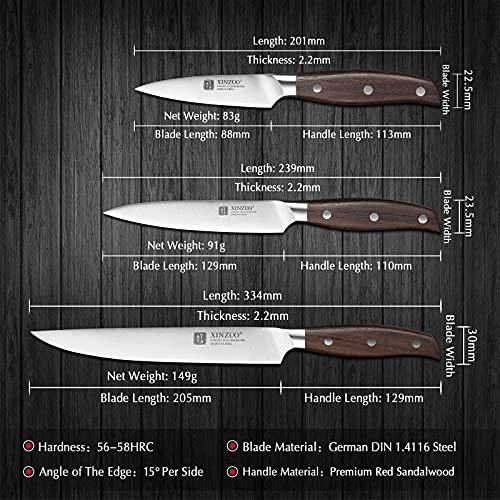 XINZUO 5 Piezas Set Cuchillo Cocina Acero Inoxidable Alemán 1.4116, Profesional Acero Inoxidable de Alto Carbón Cuchillo de Chef Santoku Fileteador Universal Fruta- Mango de Red Sandalwood - imagen 3
