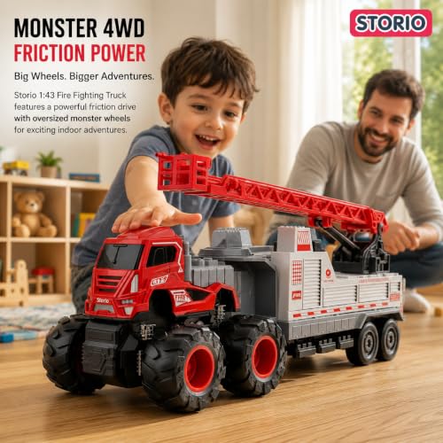 Image of Storio 1:43 4WD Fire Fighting Truck Toy | Friction Powered Engineering Vehicle for Kids | Miniature Fire Truck with Movable Ladder, Crane & Monster Wheels | Durable Car Toy