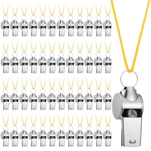 Pafeooui 48PCS Stainless Steel Sports Whistles with Gold Lanyard – Loud Crisp Sound Whistles Bulk for Coaches, Referees, Officials, and Emergency Use