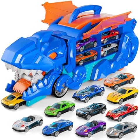 iHaHa Toddler Truck Toys for 3 4 5 6 Years Old Boys, Toys Cars Track Set Dinosaur Transporter Truck with 10 Die-Cast Car Toys, Transforms into Dino, Toddler Car Toys Set for Kids Boys Girls Cover