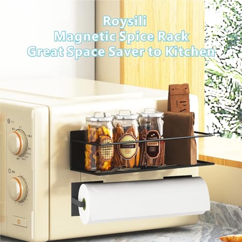 Image of Magnetic Spice Rack For Refrigerator, Magnetic Fridge Shelf For Kitchen, Magnetic Shelf For Fridge Space Saving Black 4 Pack With Magnetic Paper Towel Holder