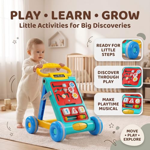 Image of Uonibaby Baby Push Walker, Musical Push Walker for 9 Months+, Toodler Walking Toy for 1 to 2 Years, Interactive Activity Panel with Gears, Shapes, Numbers & Beads, Sturdy Handle & Large Wheels