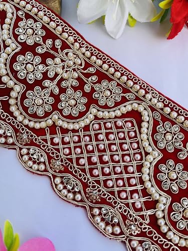 Ribete rojo floral de 4 pulgadas con perlas decorativas para manualidades y bodas 8