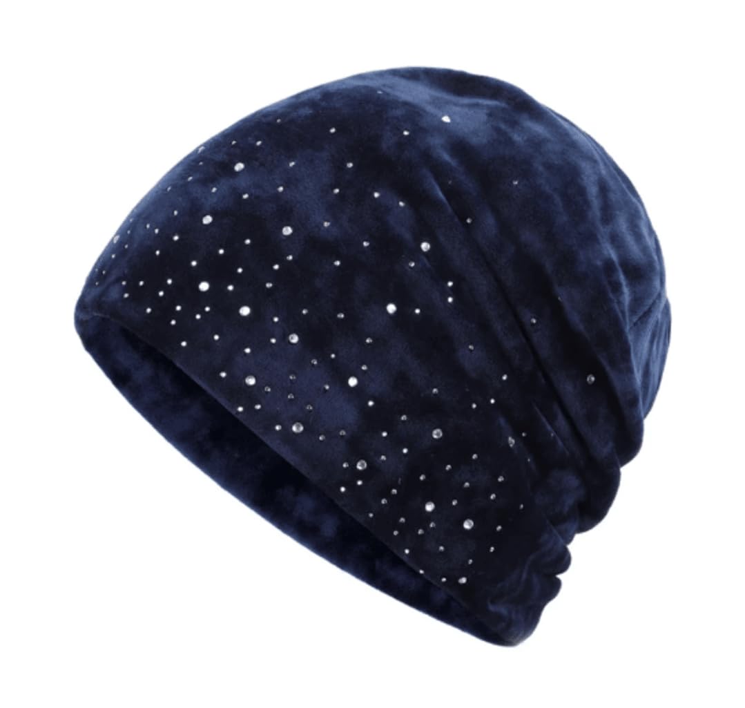 Chemo Headwear Beanie Hat for Women Supersoft Velour Sparkle Cap Turban Bandana (Navy)