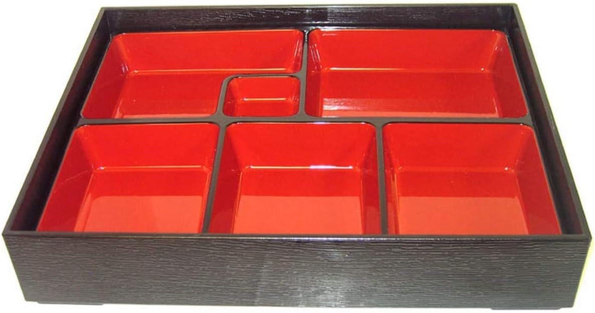 JapanBargain, Large Lunch Bento Box 6 Compartments Japanese Traditional Plastic Lacquered for Restaurant or Home Tray and Plate 2pc Set Made in Japan, Red and Black Color, 14x10.5 inch