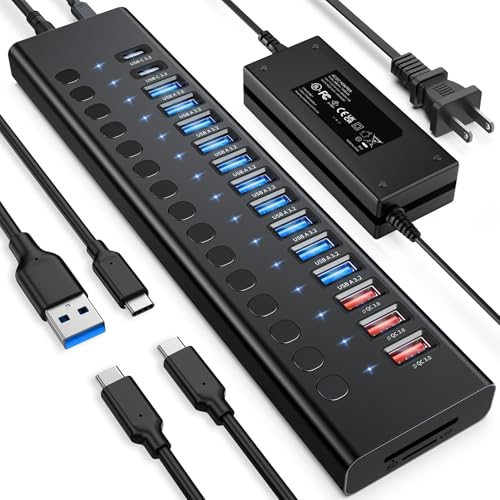 Image of VANGREE Powered USB Hub 10Gbps, 17 Ports USB 3.2 Hub, 96W Power Adapter
