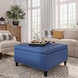 FiveWillowise Square Leather Ottoman with Storage, Faux Leather Coffee Table with Lift Top,Large Upholstered Footrest Stool Toy Box Storage Bench for Bedroom Living Room, Blue