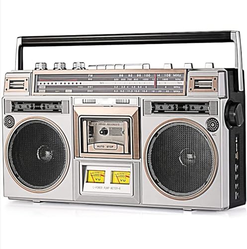 Boombox Bluetooth con radio AM/FM, reproductor de cassette, altavoz integrado, aumento de graves, conector de auriculares de 3.5 mm, entrada SD/USB