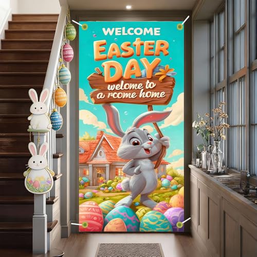 Image of Welcome Easter Door Cover Cute Bunny Banner Cartoon Eggs Spring Front Door Decorations Home Party Outdoor Decor 35.4x71 Inch