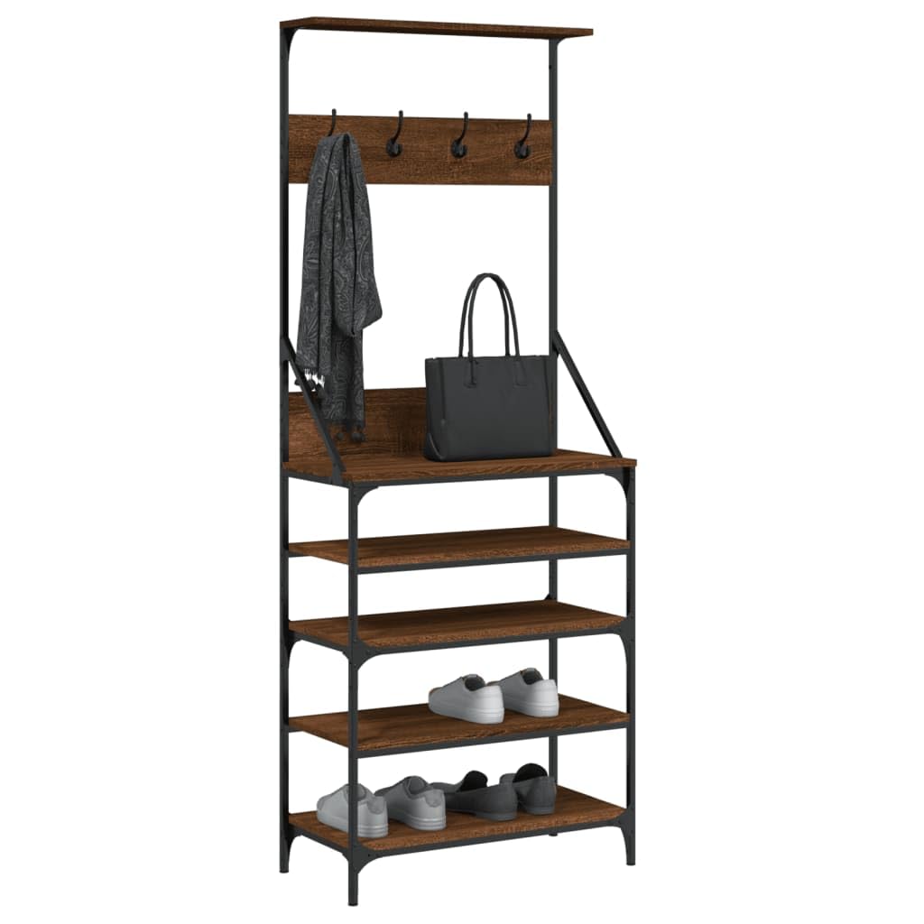 Kleiderständer mit Schuhablage Braun Eiche-Optik Holzwerkstoff Metall 70x34x184 cm freistehend stabil platzsparend für Schlafzimmer Flur Wohnzimmer mit Rollen und Haken