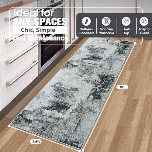 Runner Rug for Hallways Kitchen 2'6"x8' Washable Non Slip: Carpet Non Skid 8ft Entryway Rubber Backed 8 Feet Neutral Abstract Modern Rug Low Pile Pet Friendly Indoor Black White