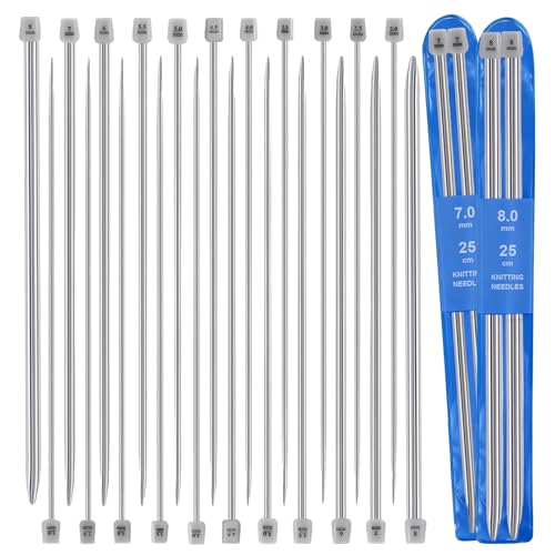 LTBBOID 22Pcs Knitting Needles Set 25cm Long Knitting Needles Stainless Steel Knitting Needles for Beginners and Professionals and DIY Crafts (11 Sizes)