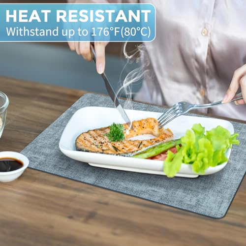 Placemats Set of 6 Washable, Heat Resistant Table Placemats Wipeable Faux Leather Place Mats Non Slip, Waterproof Square Table Mats for Indoor Outdoor, Light Blue