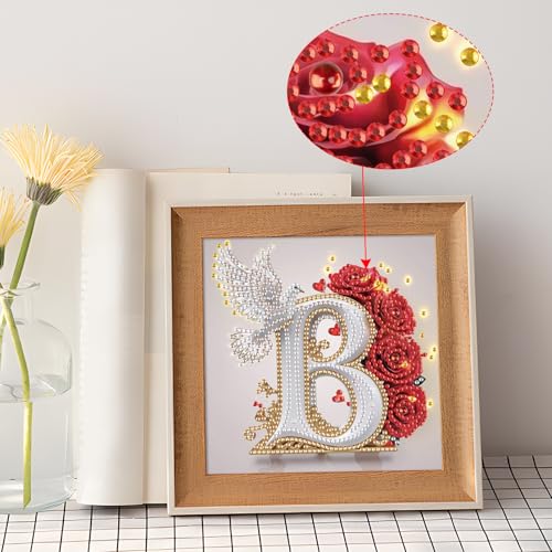 Image of AiYuanzsh Floral 5D Diamond Art Kit Letter B, Elegant Rose & Dove Alphabet Diamond Painting Kit for Adults, DIY Crystal Rhinestones Gem Art Craft for Home Decoration 17x17cm