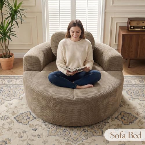 Image of Trustyue Boneless Couch,Comfy Fluffy Sofa Bed,Upholstered Sleeper Sofa with Cup Holder and Throw Pillows,Corduroy Plush Cloud Lounge Chair (Brown, Waffle Polyester)