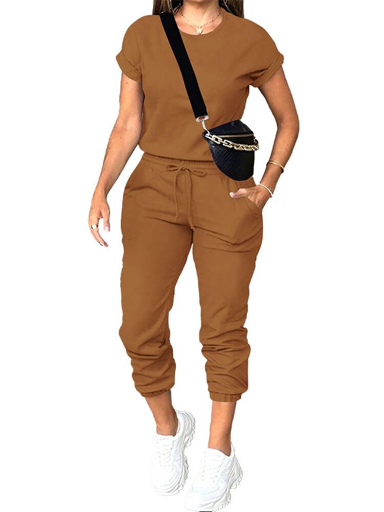 PINSV Women's 2 Piece Outfits Tracksuit Sets Short Sleeve Tops Jogger Pants with Pockets