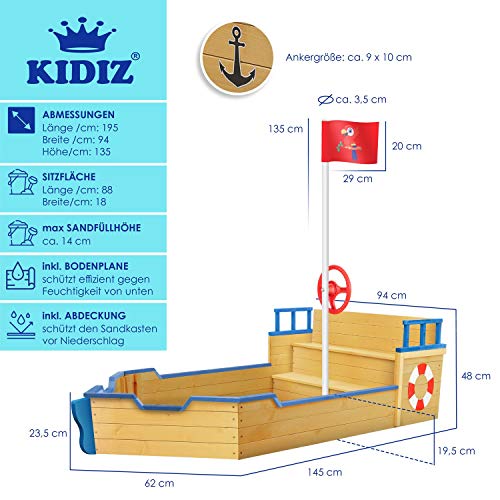 KIDIZ® Sandkasten AHOI - Piratenschiff Boot Segelschiff aus Holz Inkl. Abdeckung, Bodenplane, Sitzbank, Flaggenmast, Spielzeuge | Große Kinder Sandkiste für den Garten | Outdoor Sandbox Blau – Bild 7