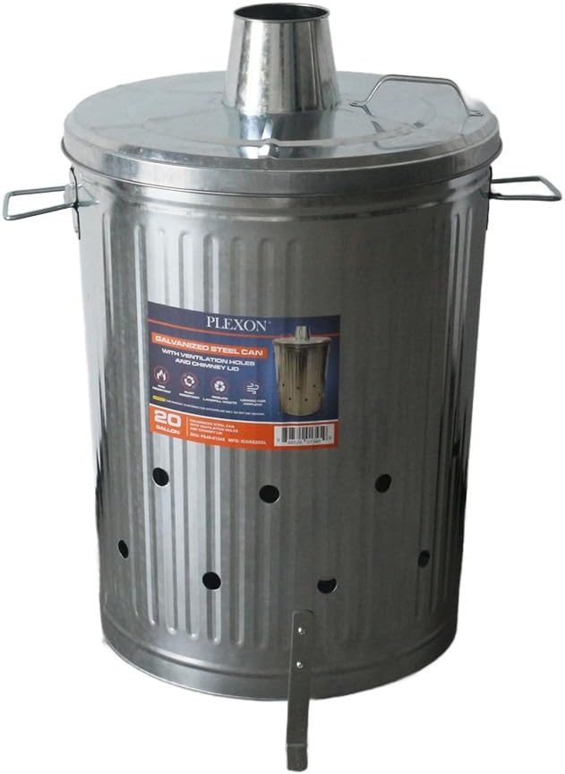 Plexon Metal Compost Bin Outdoor Burn Bin – Galvanized Trash Can with Lid Chimney and Vent Holes – Trash Burning Container Composter Incinerator for Garbage, 20 Gallon (Chimney Lid and Vent Holes)